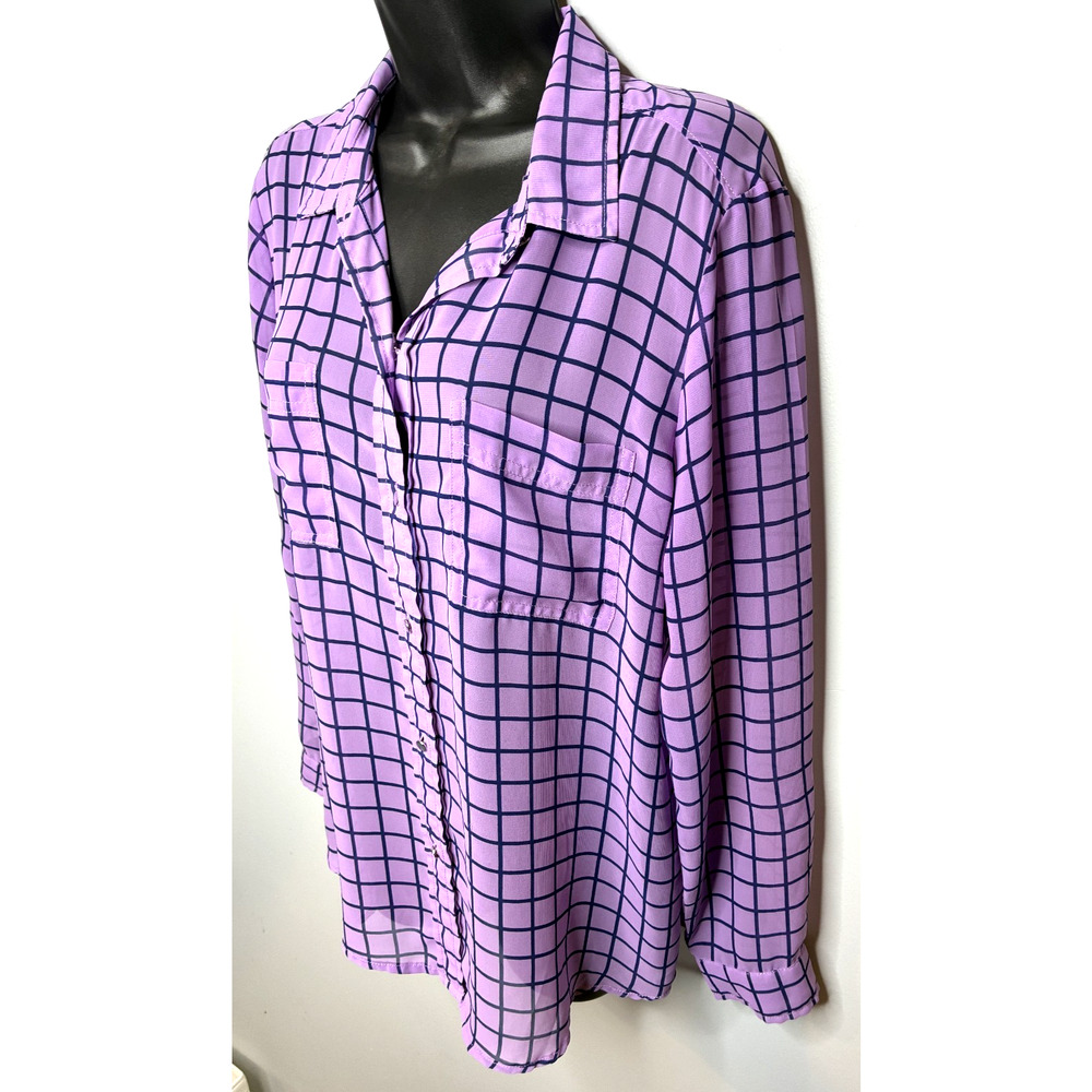Liz Claiborne Women's Large Purple Windowpane Check Button-down Blouse - Picture 3 of 7